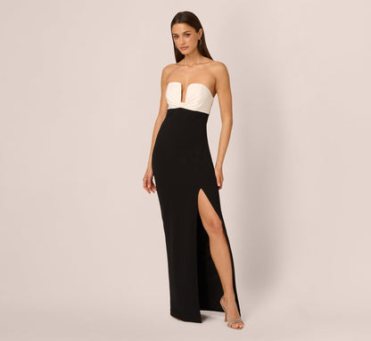 Strapless Plunge Color Block Gown - Black Ivory | Adrianna Papell