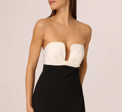 Strapless Plunge Color Block Gown - Black Ivory | Adrianna Papell