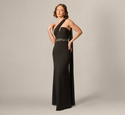 Strapless Beaded Waist Draped Scarf Gown - Black | Adrianna Papell