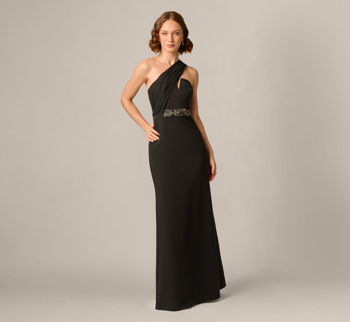 Strapless Beaded Waist Draped Scarf Gown - Black | Adrianna Papell