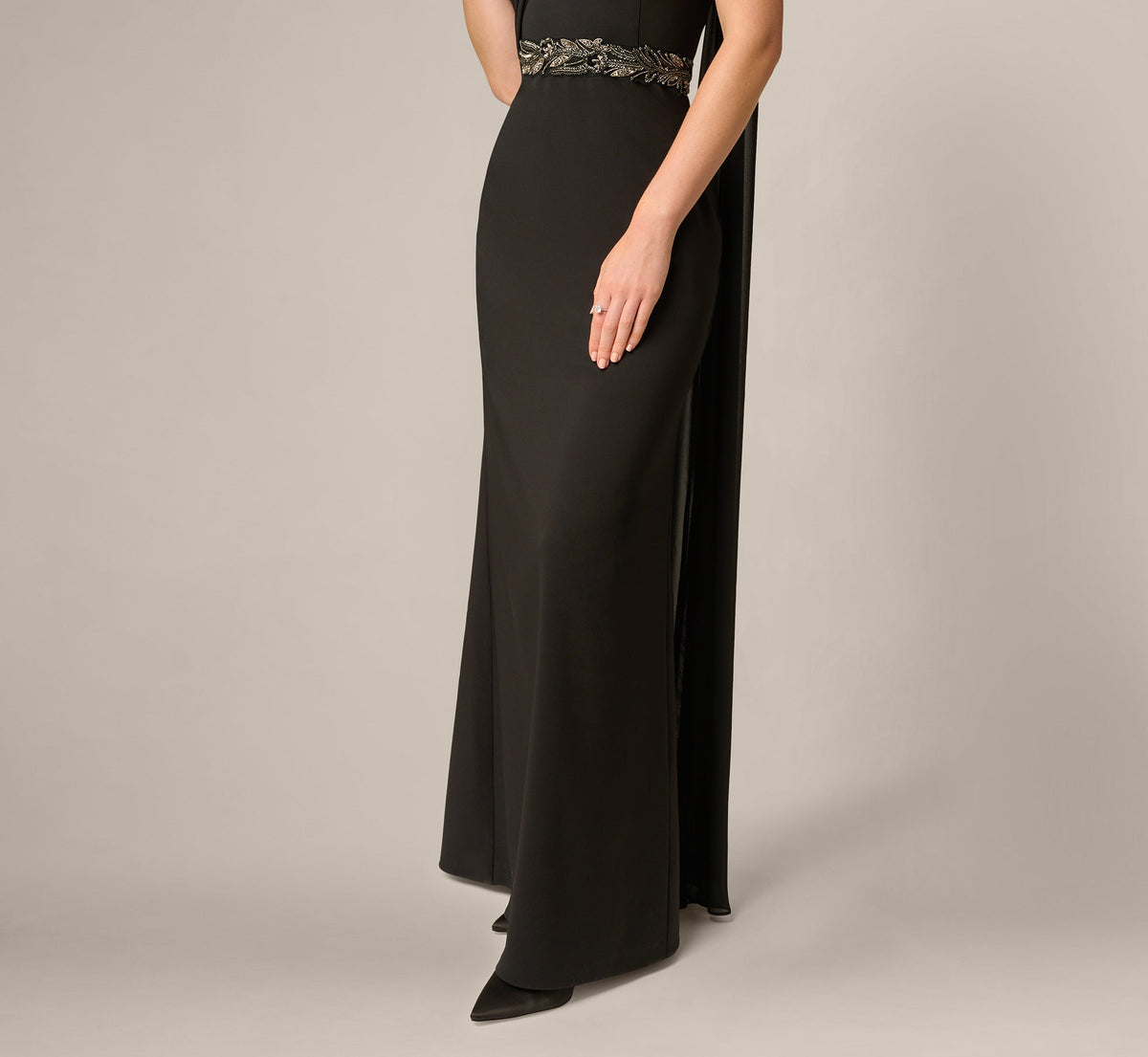 Strapless Beaded Waist Draped Scarf Gown - Black | Adrianna Papell