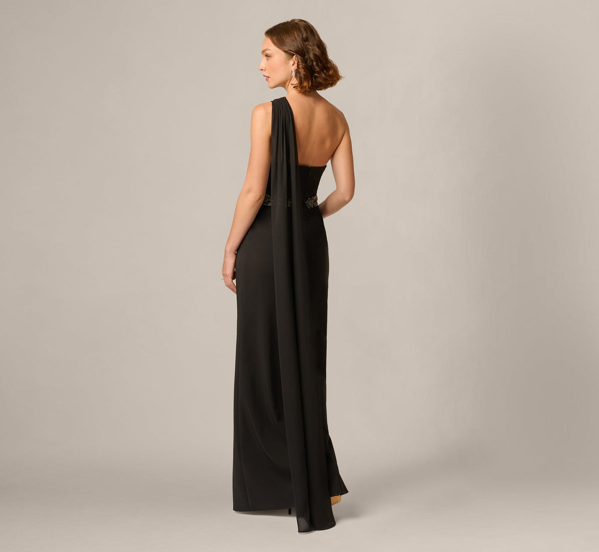 Strapless Beaded Waist Draped Scarf Gown - Black | Adrianna Papell