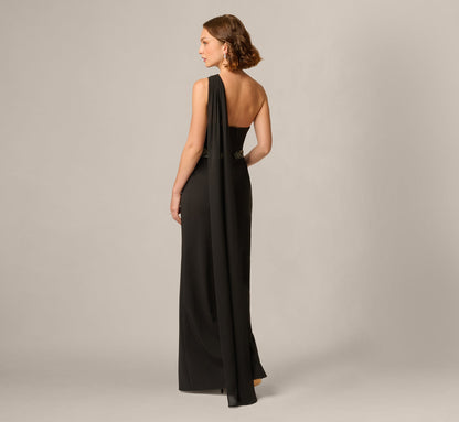Strapless Beaded Waist Draped Scarf Gown - Black | Adrianna Papell