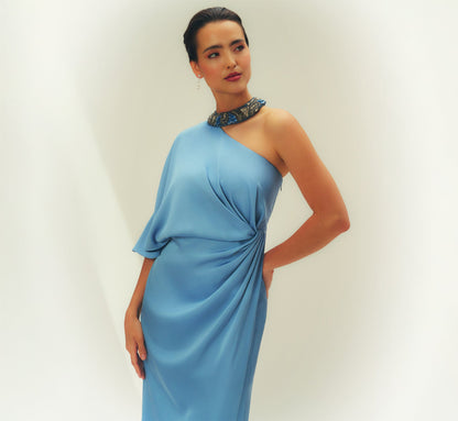 Crepe Back Satin One Shoulder Long Dress - Blue Cloud | Adrianna Papell