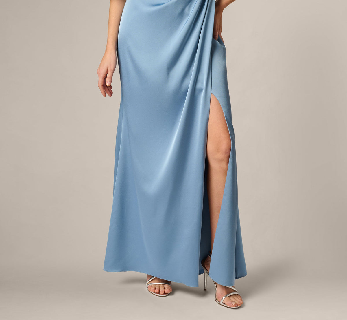 Crepe Back Satin One Shoulder Long Dress - Blue Cloud | Adrianna Papell