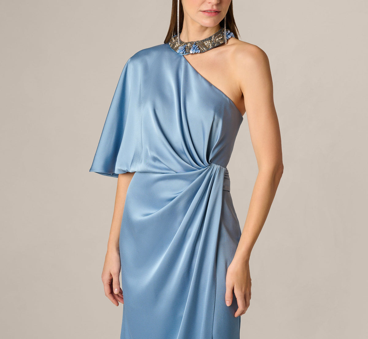 Crepe Back Satin One Shoulder Long Dress - Blue Cloud | Adrianna Papell