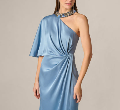 Crepe Back Satin One Shoulder Long Dress - Blue Cloud | Adrianna Papell