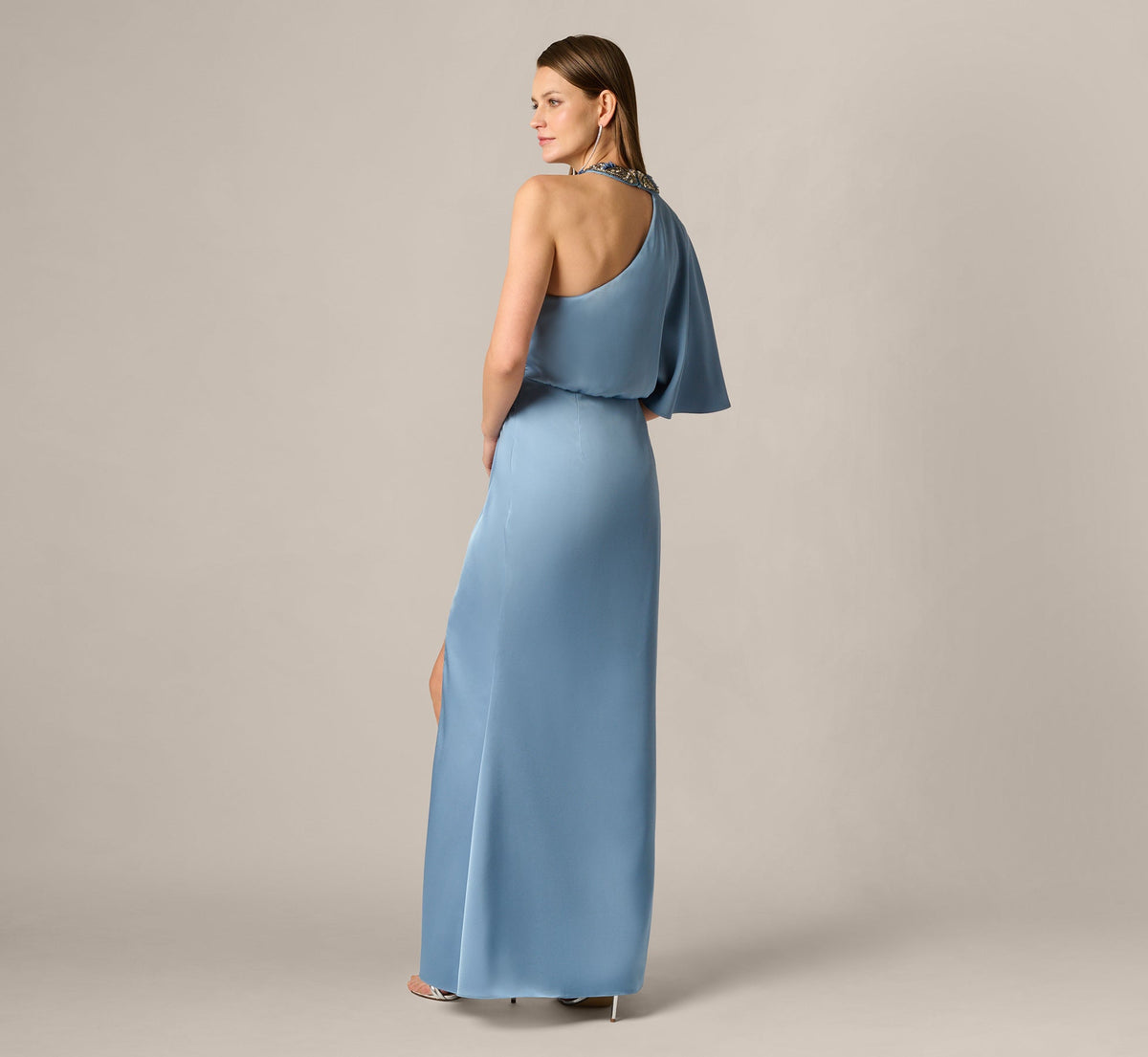 Crepe Back Satin One Shoulder Long Dress - Blue Cloud | Adrianna Papell