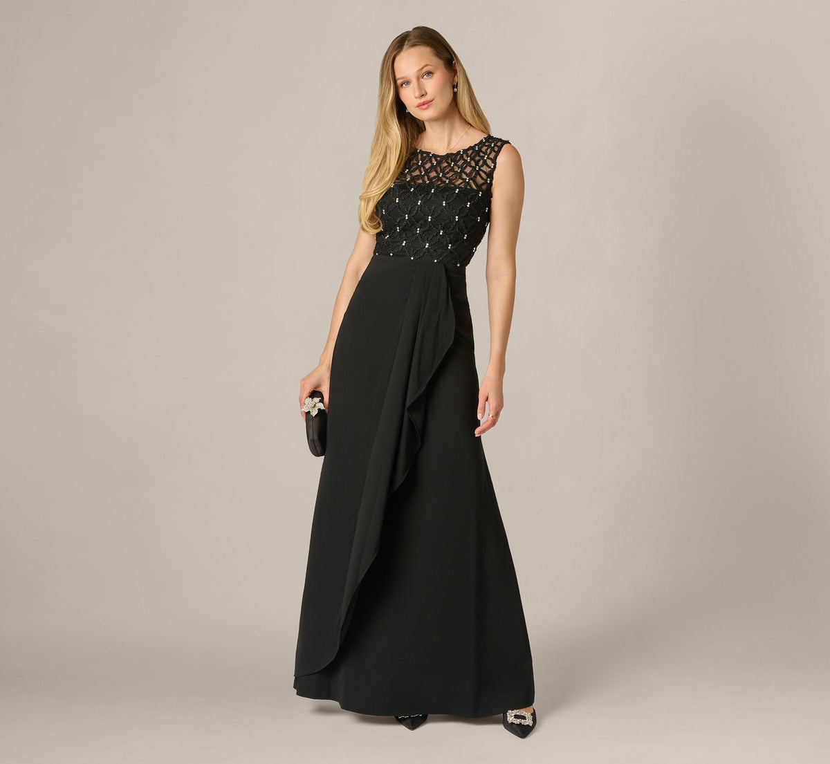 Draped Crepe Beaded Combo Gown - Black | Adrianna Papell