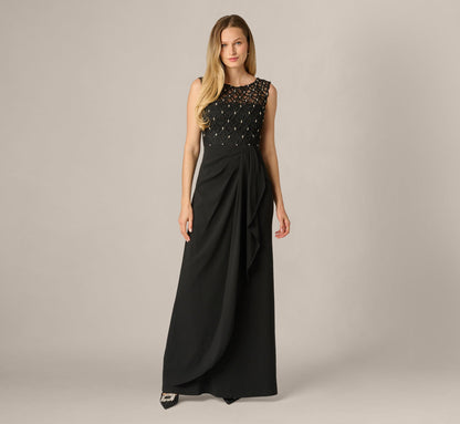 Draped Crepe Beaded Combo Gown - Black | Adrianna Papell