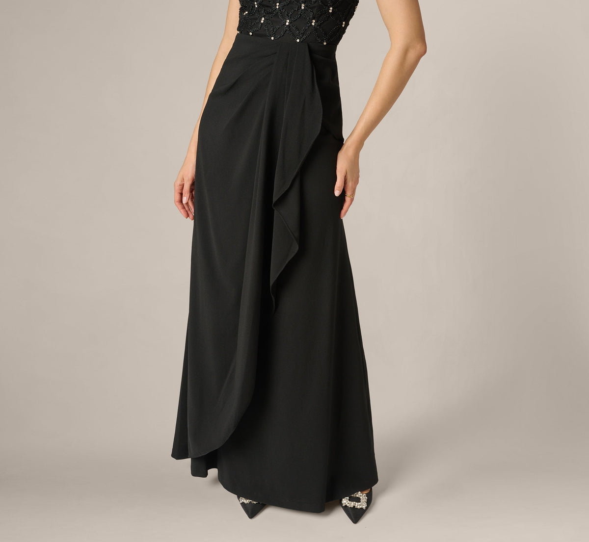 Draped Crepe Beaded Combo Gown - Black | Adrianna Papell