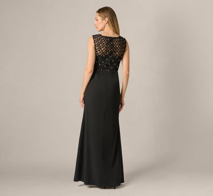 Draped Crepe Beaded Combo Gown - Black | Adrianna Papell
