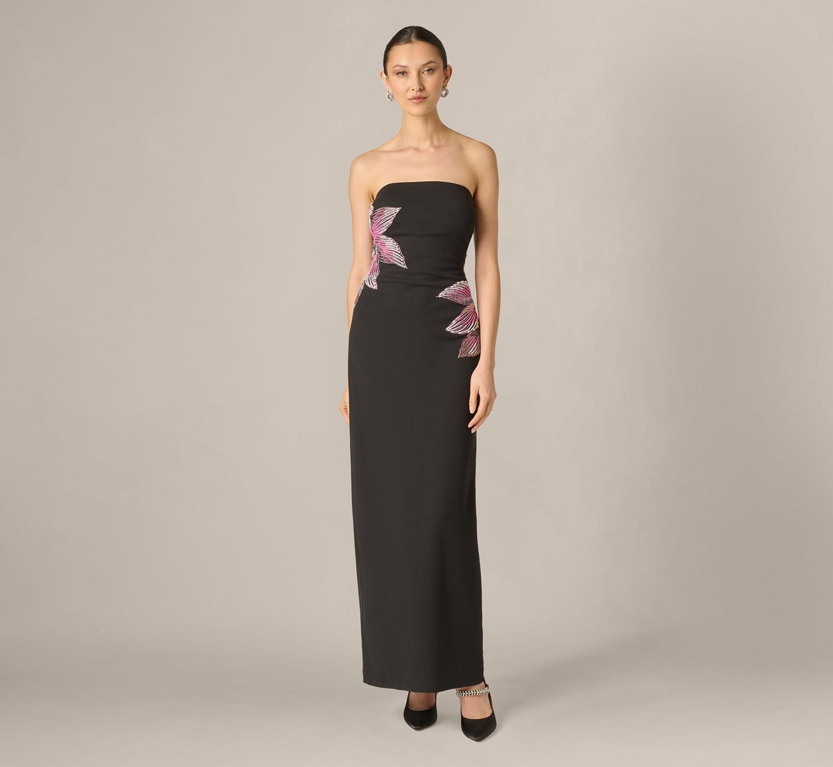 Strapless Beaded Flower Gown - Black | Adrianna Papell