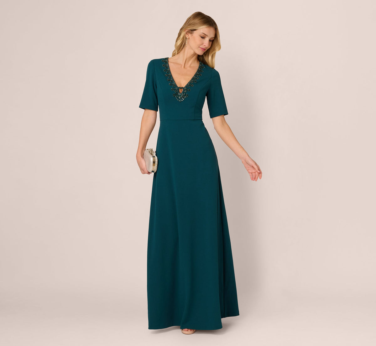 Short Sleeve Beaded Keyhole Gown - Hunter | Adrianna Papell