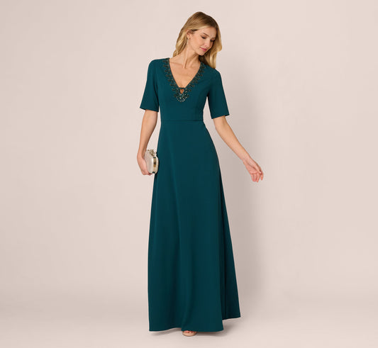 Short Sleeve Beaded Keyhole Gown - Hunter | Adrianna Papell