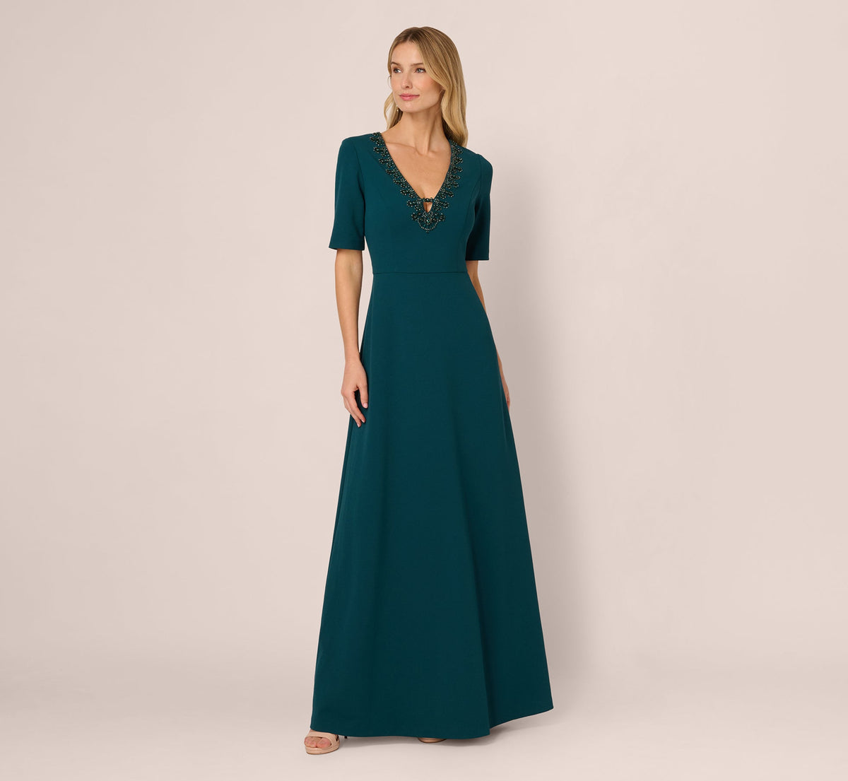 Short Sleeve Beaded Keyhole Gown - Hunter | Adrianna Papell