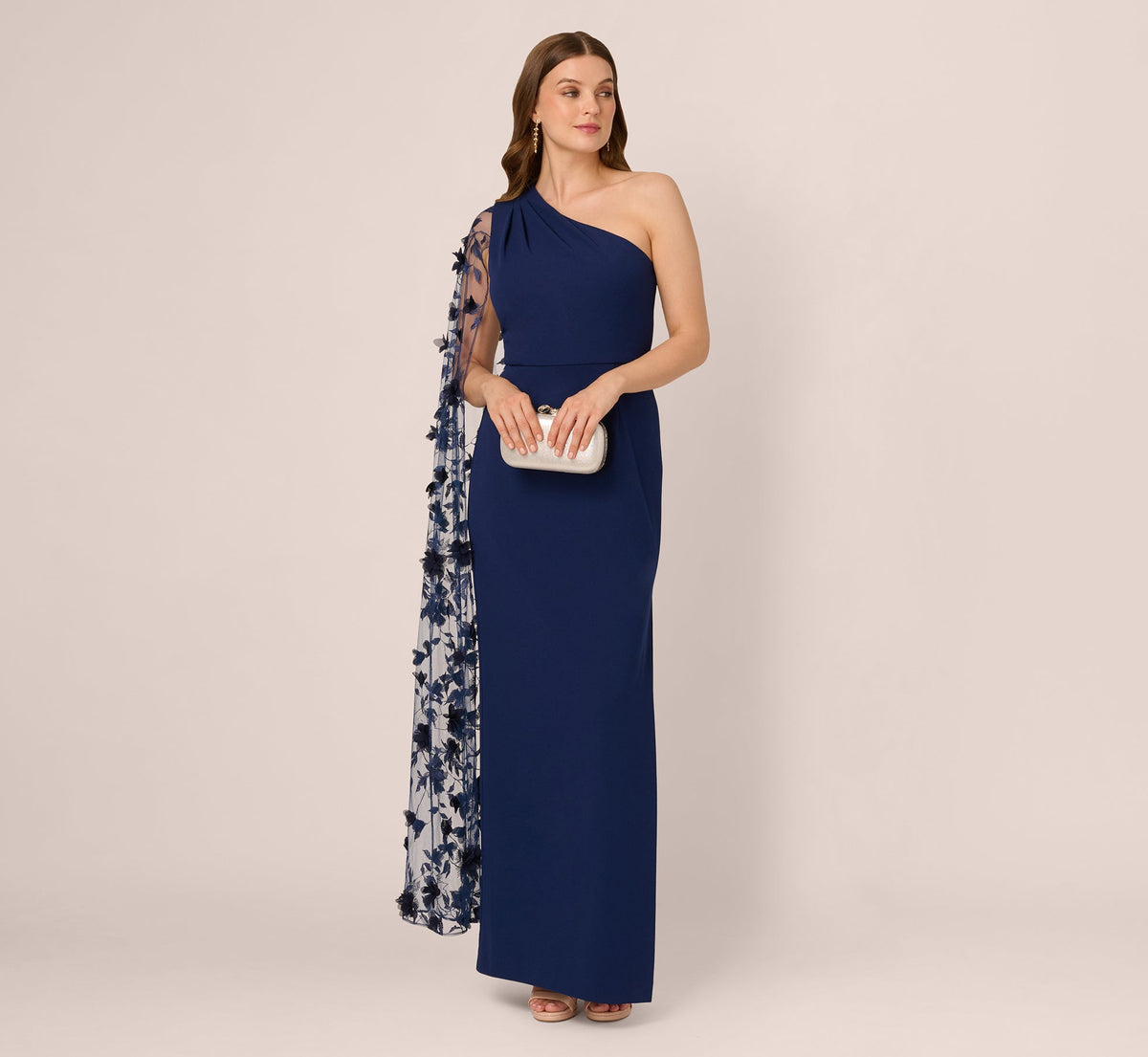 One Shoulder Floral Cape Sleeve Dress - Navy Sateen | Adrianna Papell