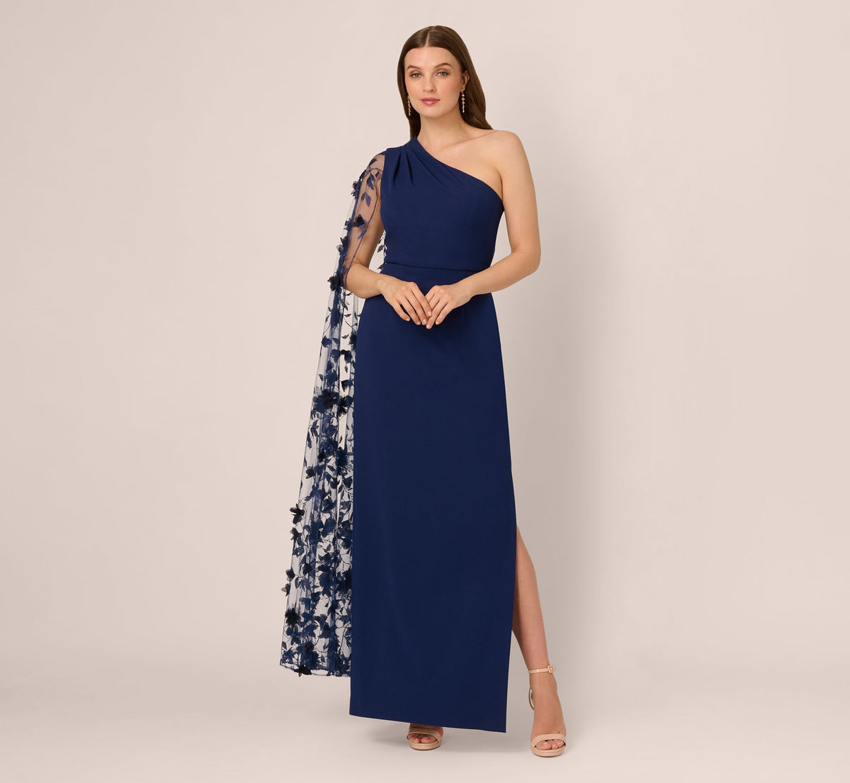 One Shoulder Floral Cape Sleeve Dress - Navy Sateen | Adrianna Papell