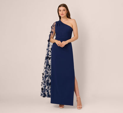 One Shoulder Floral Cape Sleeve Dress - Navy Sateen | Adrianna Papell