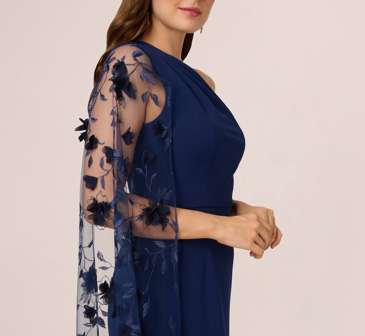 One Shoulder Floral Cape Sleeve Dress - Navy Sateen | Adrianna Papell