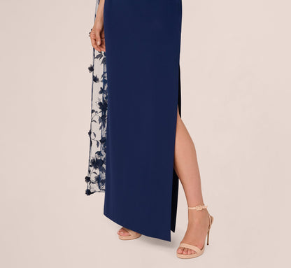 One Shoulder Floral Cape Sleeve Dress - Navy Sateen | Adrianna Papell