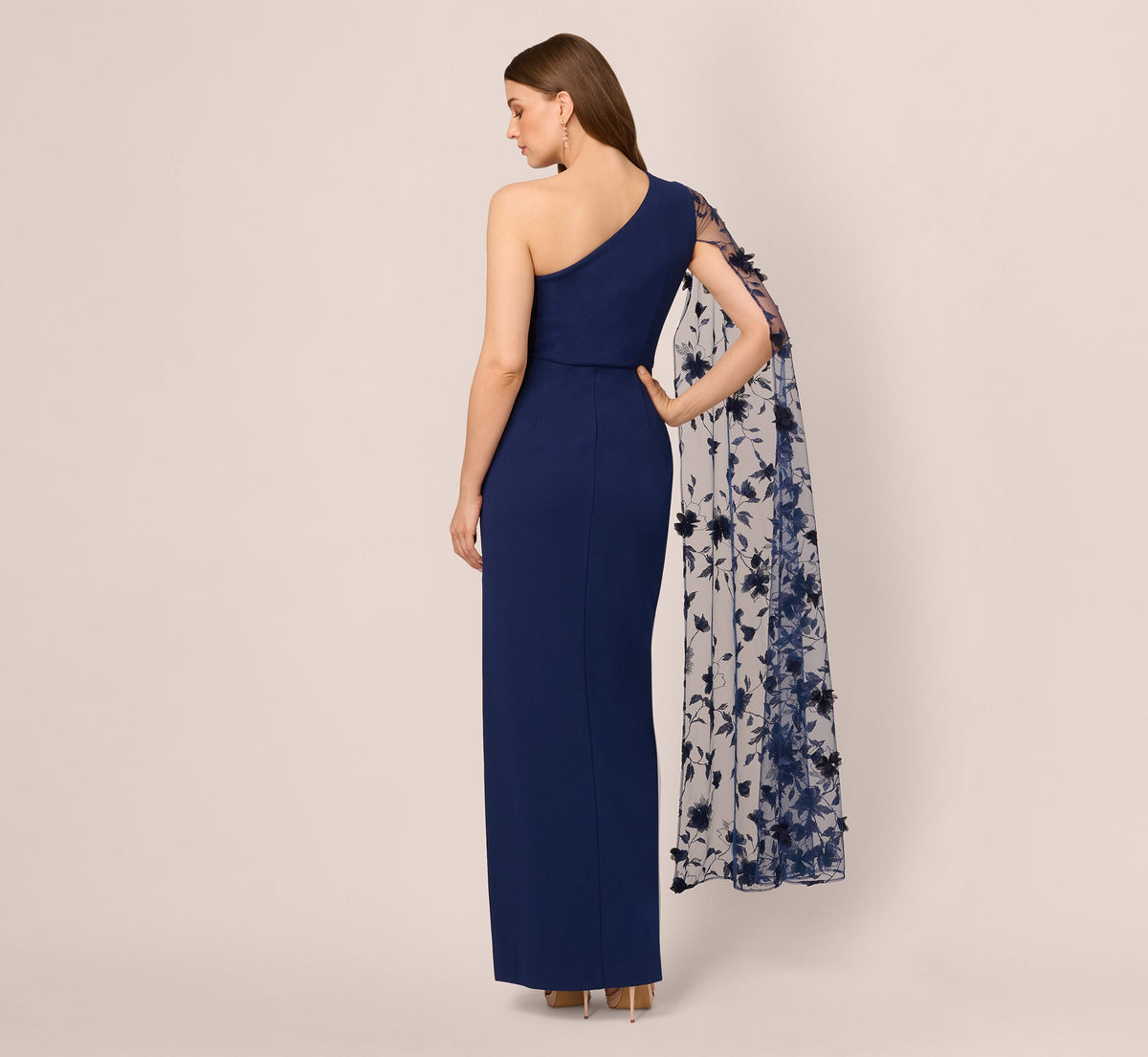 One Shoulder Floral Cape Sleeve Dress - Navy Sateen | Adrianna Papell