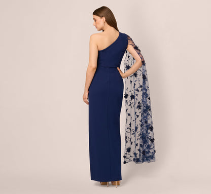 One Shoulder Floral Cape Sleeve Dress - Navy Sateen | Adrianna Papell
