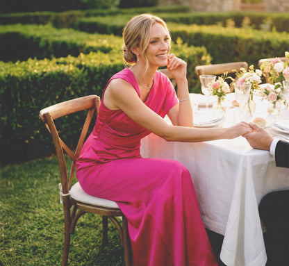 Asymmetrical Draped Satin Cape Gown - Berry Rose | Adrianna Papell