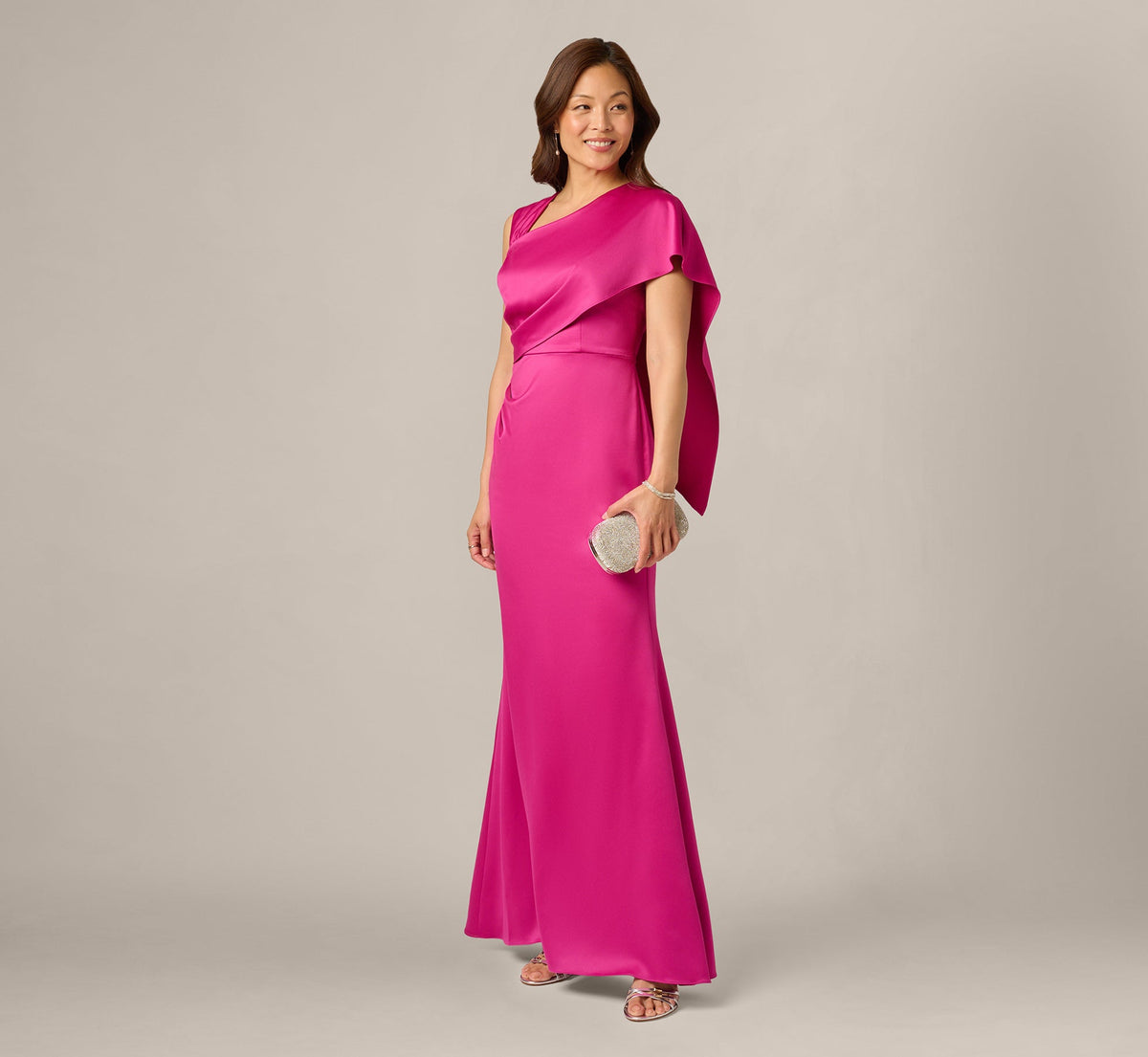 Asymmetrical Draped Satin Cape Gown - Berry Rose | Adrianna Papell