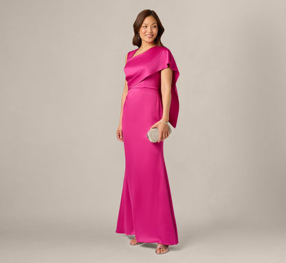 Asymmetrical Draped Satin Cape Gown - Berry Rose | Adrianna Papell