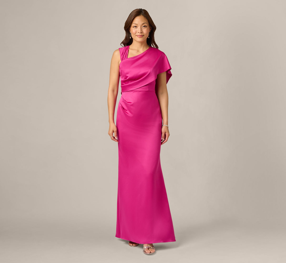 Asymmetrical Draped Satin Cape Gown - Berry Rose | Adrianna Papell