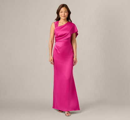 Asymmetrical Draped Satin Cape Gown - Berry Rose | Adrianna Papell