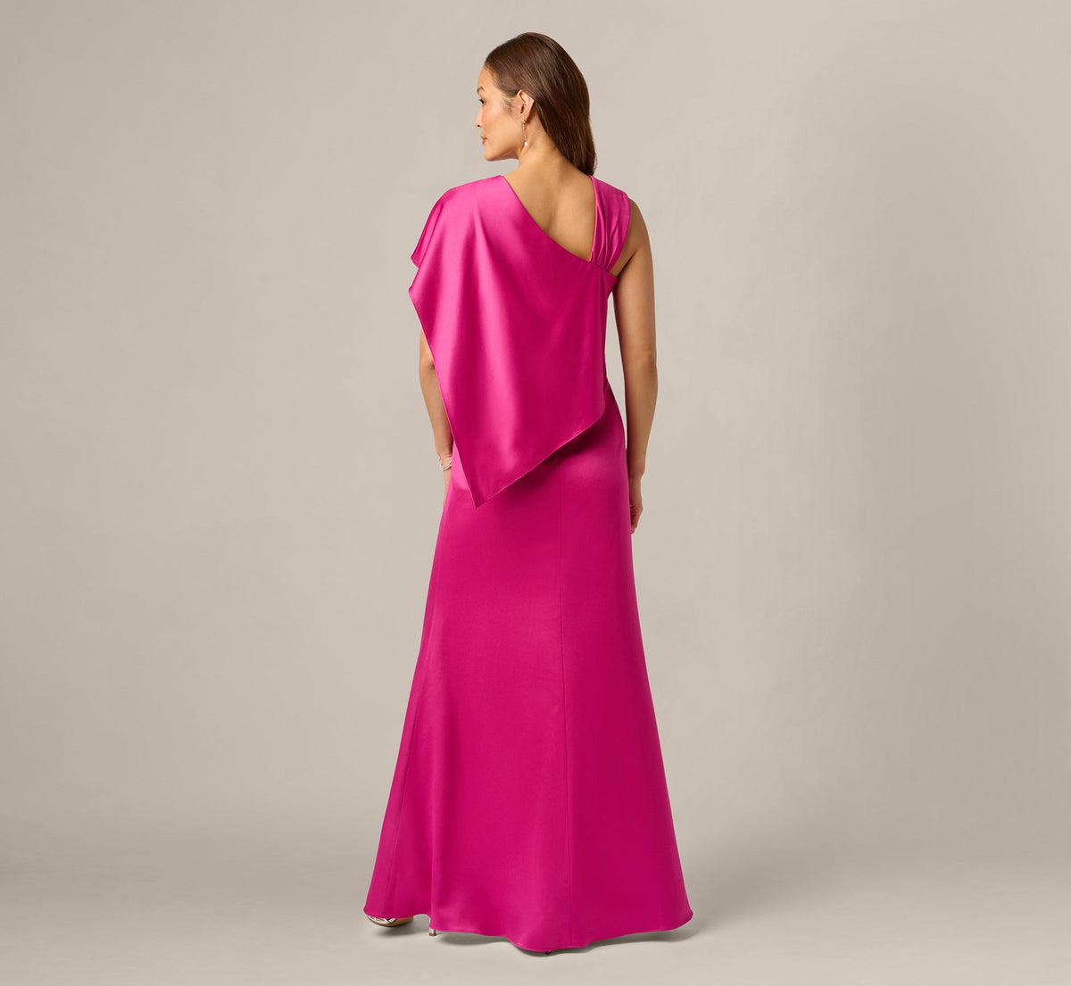 Asymmetrical Draped Satin Cape Gown - Berry Rose | Adrianna Papell