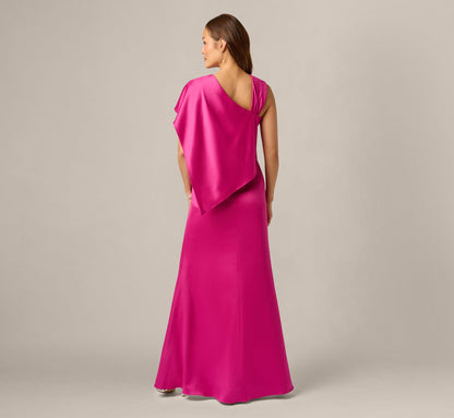 Asymmetrical Draped Satin Cape Gown - Berry Rose | Adrianna Papell