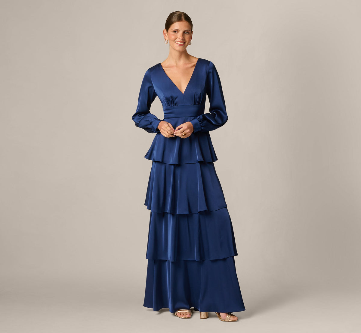 Long Sleeve Satin Tiered Gown - Navy Sateen | Adrianna Papell