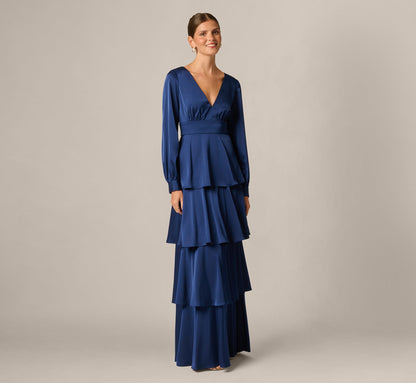 Long Sleeve Satin Tiered Gown - Navy Sateen | Adrianna Papell