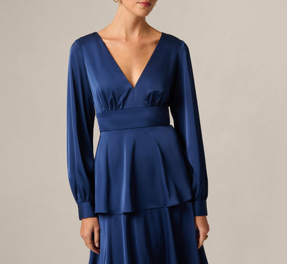 Long Sleeve Satin Tiered Gown - Navy Sateen | Adrianna Papell