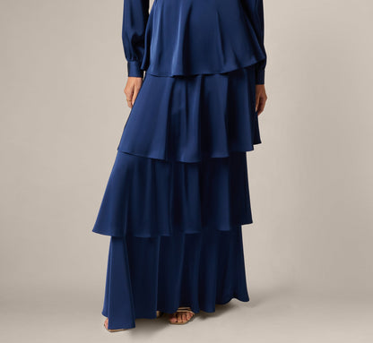Long Sleeve Satin Tiered Gown - Navy Sateen | Adrianna Papell