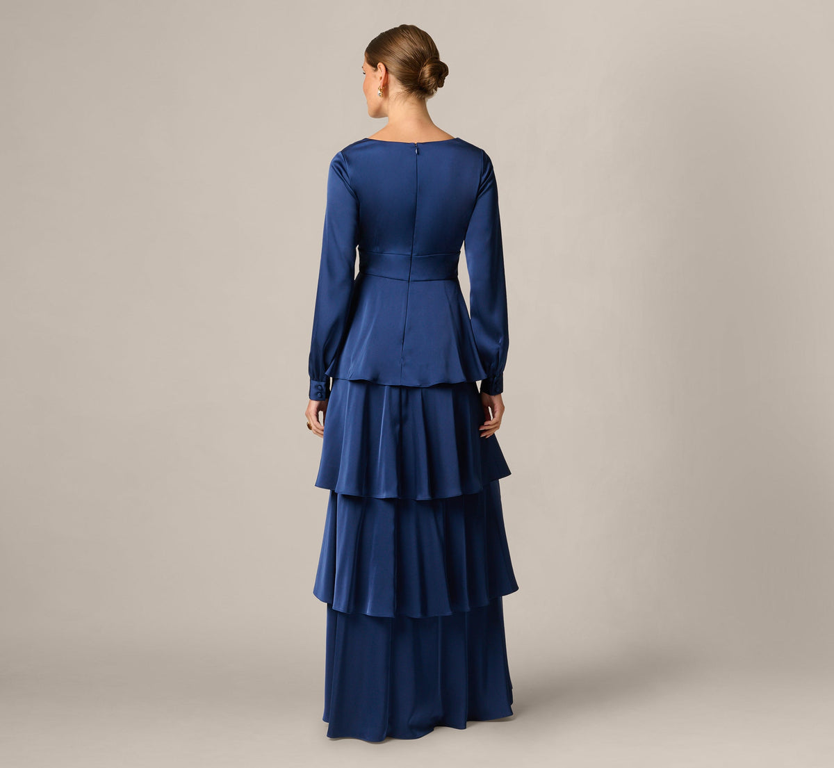 Long Sleeve Satin Tiered Gown - Navy Sateen | Adrianna Papell
