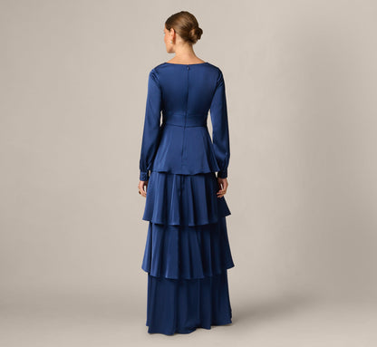 Long Sleeve Satin Tiered Gown - Navy Sateen | Adrianna Papell