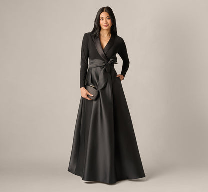 Long Sleeve Sash Belt Tuxedo Combo Gown - Black | Adrianna Papell