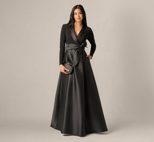Long Sleeve Sash Belt Tuxedo Combo Gown - Black | Adrianna Papell