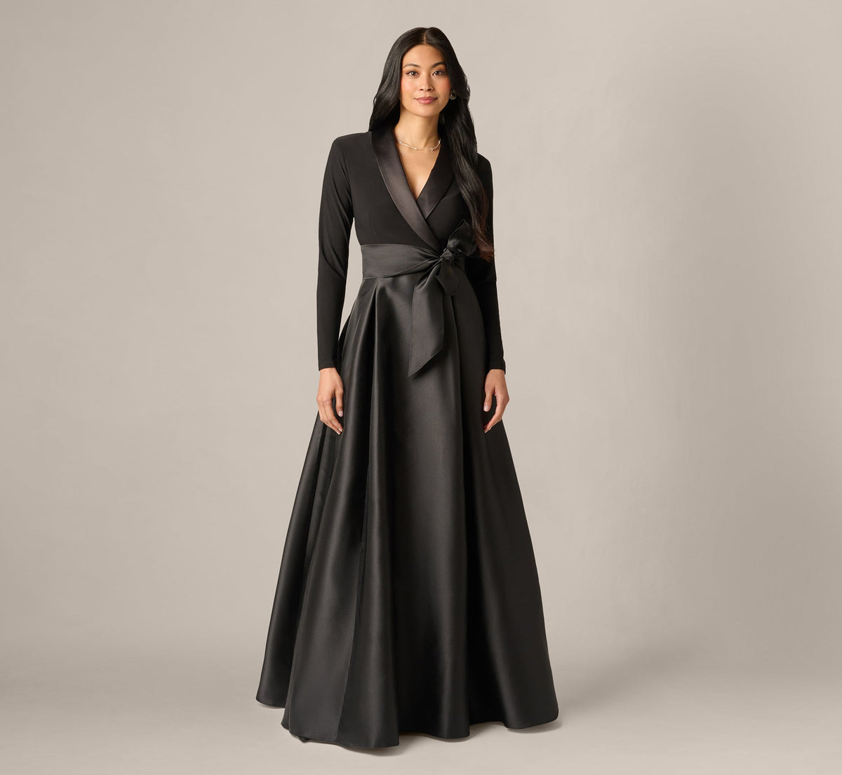 Long Sleeve Sash Belt Tuxedo Combo Gown - Black | Adrianna Papell