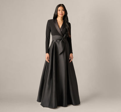 Long Sleeve Sash Belt Tuxedo Combo Gown - Black | Adrianna Papell