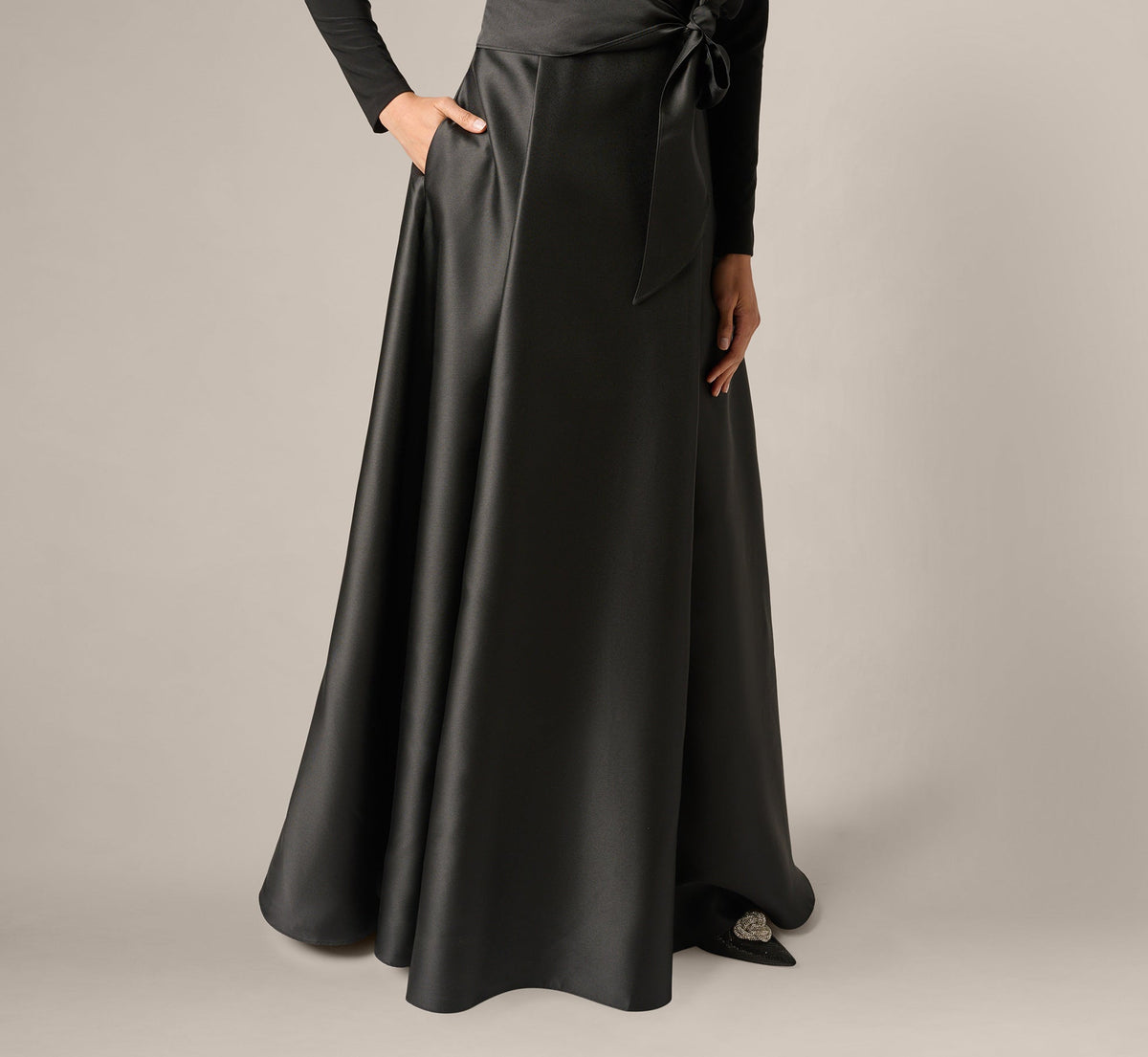 Long Sleeve Sash Belt Tuxedo Combo Gown - Black | Adrianna Papell