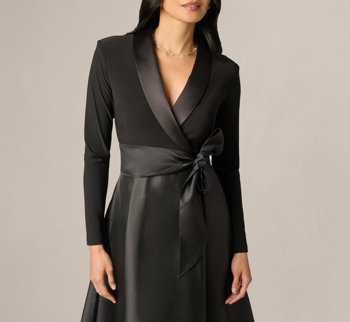 Long Sleeve Sash Belt Tuxedo Combo Gown - Black | Adrianna Papell