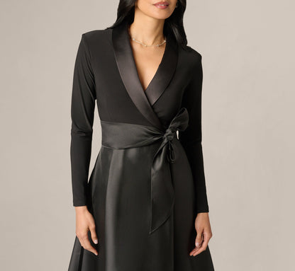 Long Sleeve Sash Belt Tuxedo Combo Gown - Black | Adrianna Papell