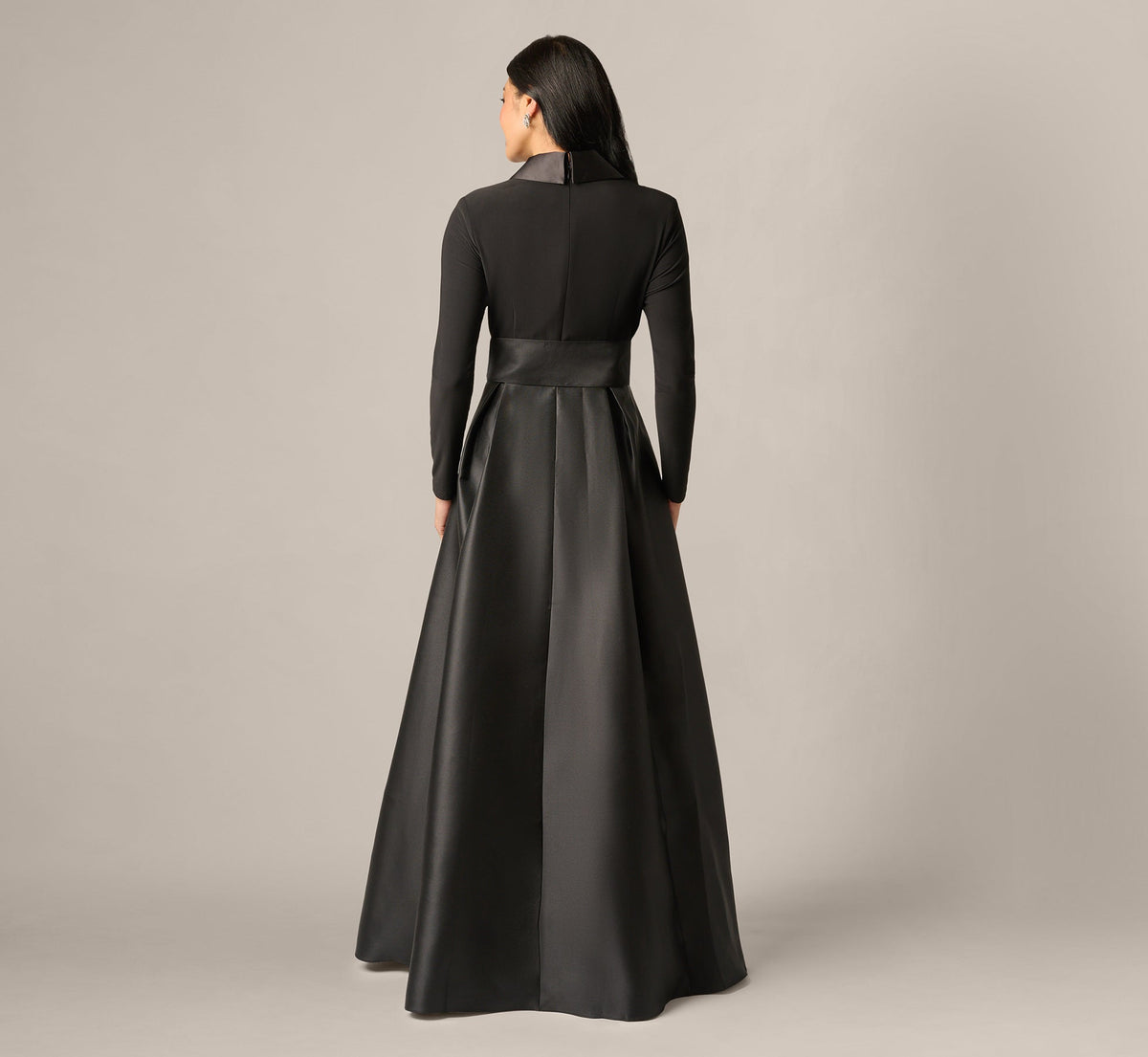 Long Sleeve Sash Belt Tuxedo Combo Gown - Black | Adrianna Papell