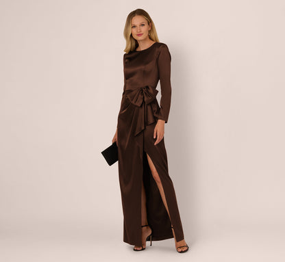 Long Sleeve Satin Bow Gown - Chocolate | Adrianna Papell