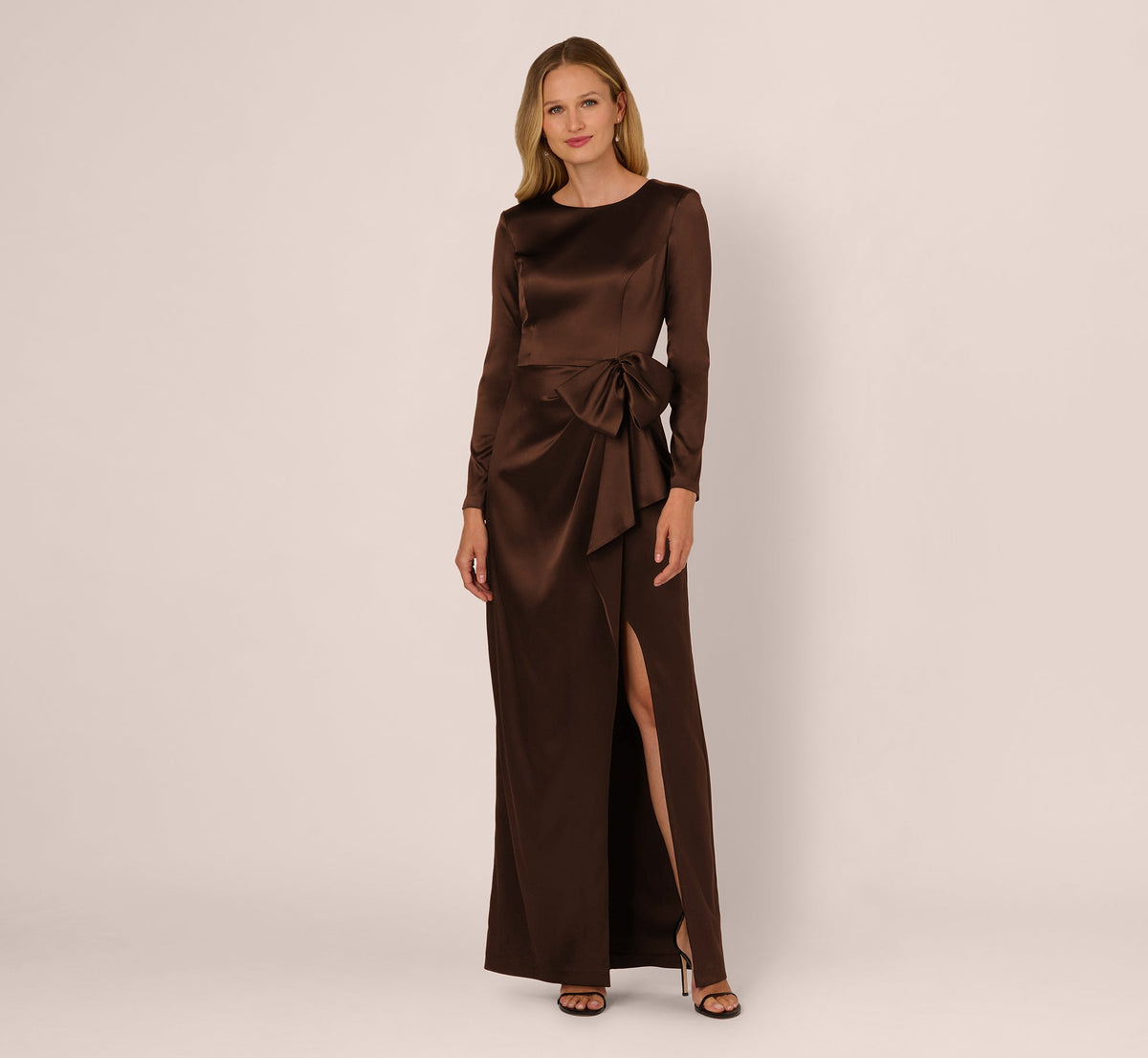 Long Sleeve Satin Bow Gown - Chocolate | Adrianna Papell
